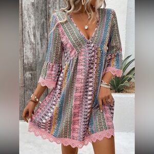 Colorful Boho Dress with Lace Trim